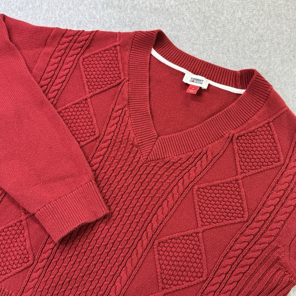 Tommy Jeans Women's Red Cable Knit V-Neck Sweater Preppy Retro‎ M